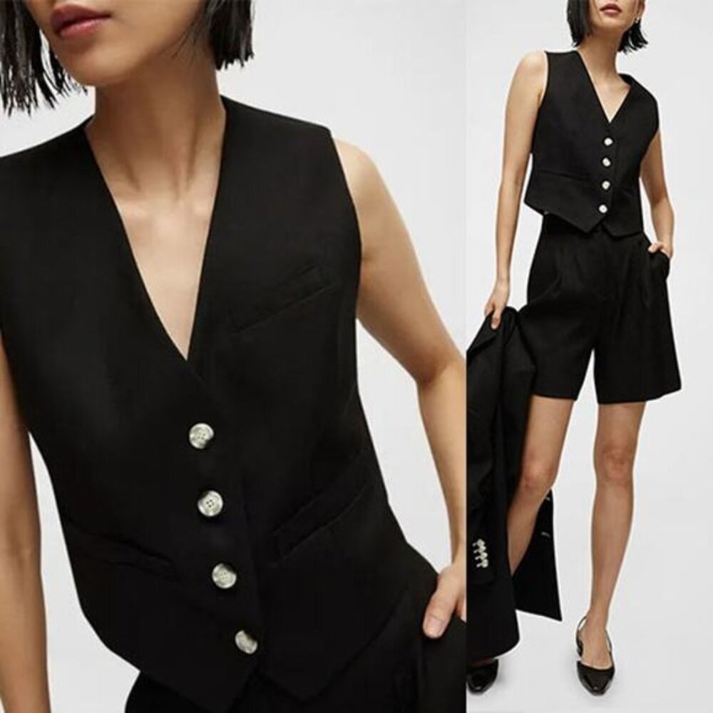 NEW Veronica Beard Bennett Linen Blend Half Belt Twill Vest Black Size: 2
